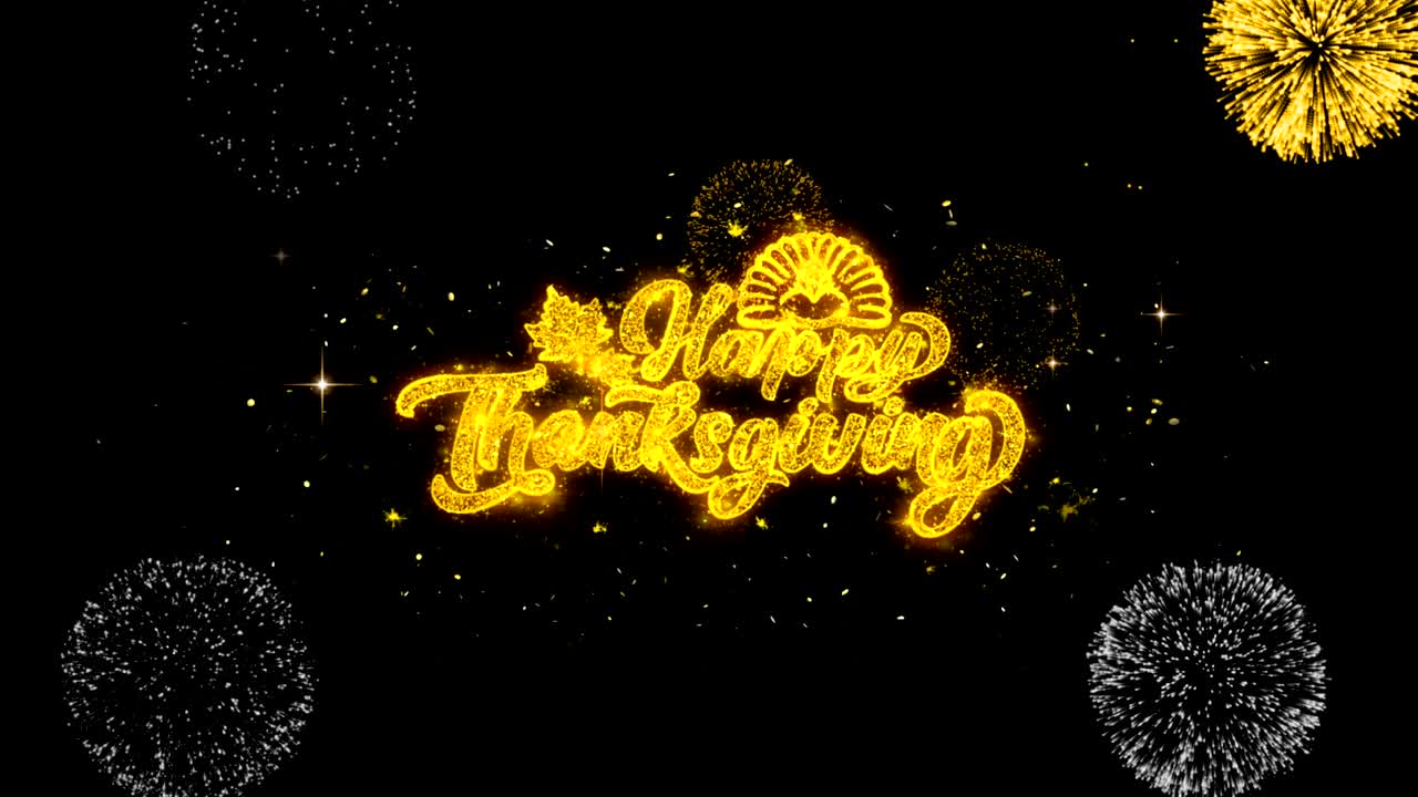 행복한 추수감사절 황금 텍스트 금색 불꽃놀이 디스플레이와 함께 박이는 입자
