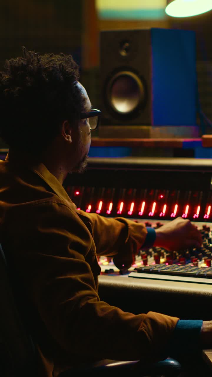 Music Producer Working on Sound Mixing Console in Studio