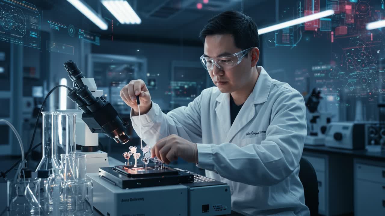 A Dedicated Scientist Conducting Innovative Research Under a Microscope, Focusing on Advanced Technology and Precision in a Modern Laboratory Environment
