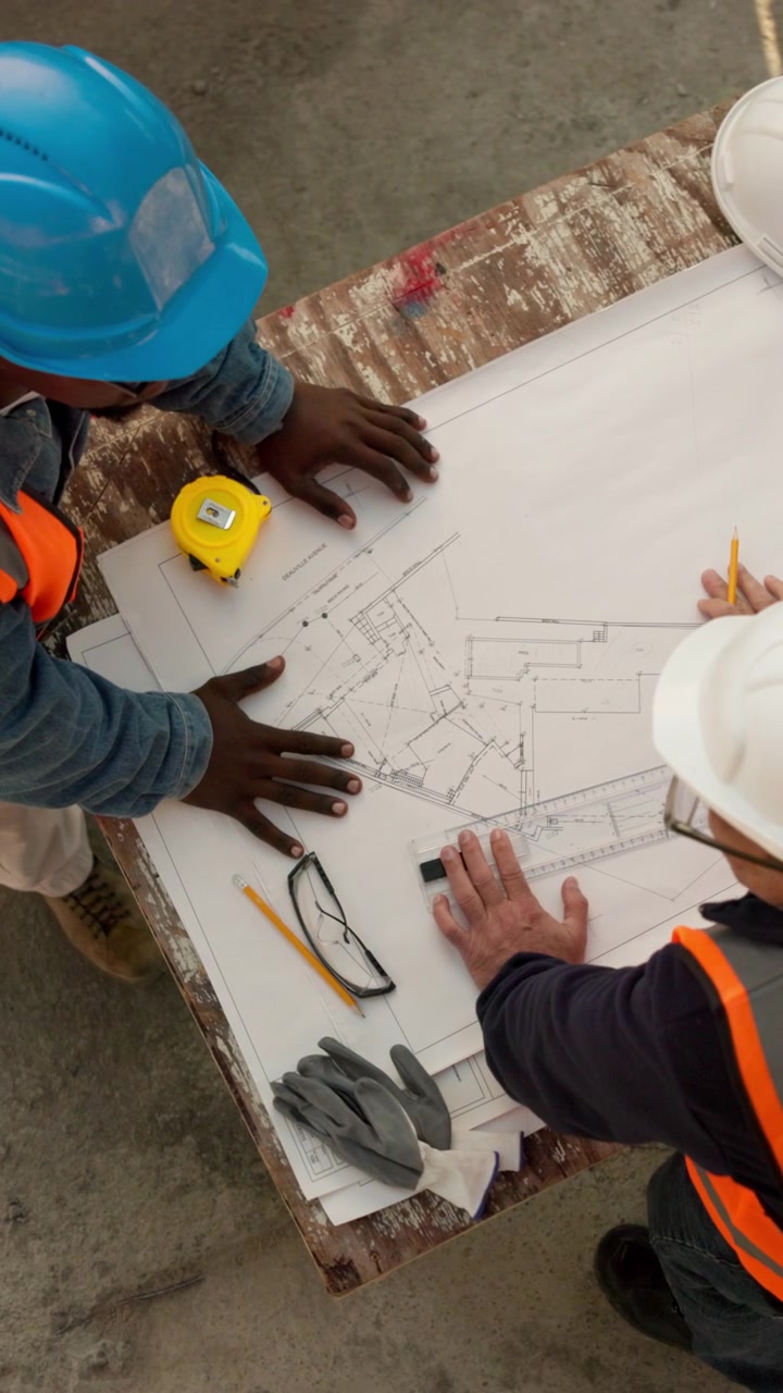 Construction Workers Reviewing Blueprints on Site