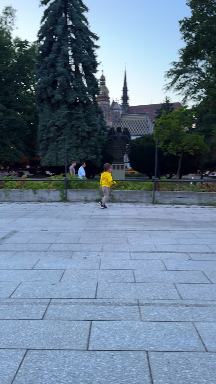 Caucasian baby boy runs energetically and laughing cheerfully. Happy toddler's portrait on the walk in the city. Vertical video.