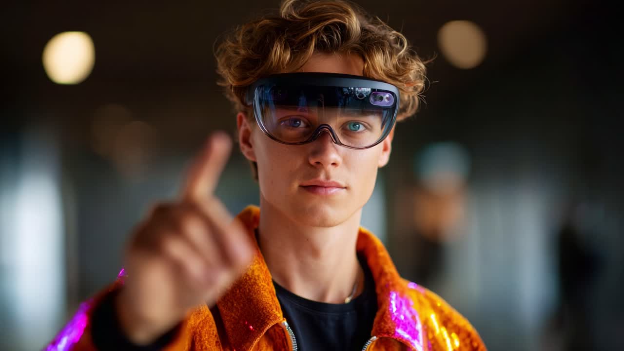 Seorang pria muda dengan rambut keriting mengenakan kacamata futuristik dan jaket cerah memberi isyarat dengan percaya diri, menyoroti teknologi mutakhir dalam fesyen modern