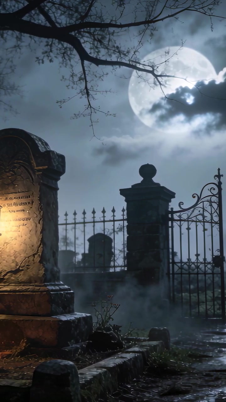 Video verticale: Nuvole che passano sulla luna creando una grande luce pulsante e inquietante al cimitero, spazio per il testo