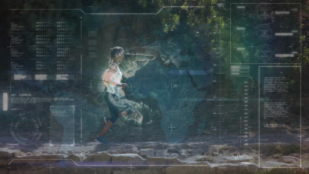 Animation of digital screen and data processing over fit woman running