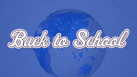 animación del texto de regreso a la escuela sobre globo azul y fondo azul