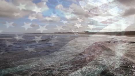 Digital-composition-of-waving-us-flag-against-aerial-view-of-waves-in-the-sea