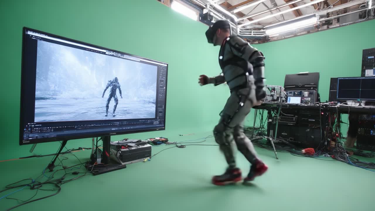 Captivating Motion Capture Scene: A Performer Dons an Advanced Motion Capture Suit as They Interpret Character Movements, Interacting with Dynamic Visuals Projected on a Large Screen in a Green Screen Studio Setting