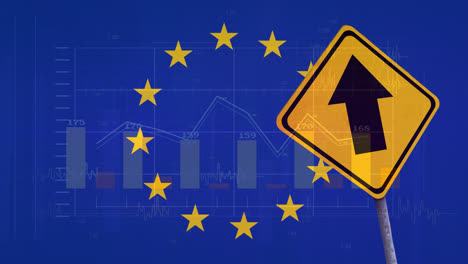 animation of financial data processing over road sign and flag of eu