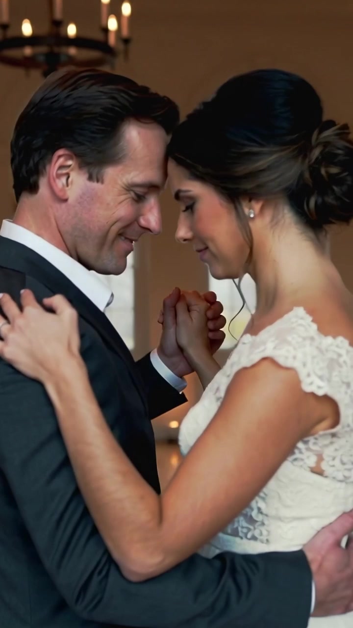 Vídeo vertical: Noiva de renda branca e noivo de terno escuro dançando abraçados durante o casamento.