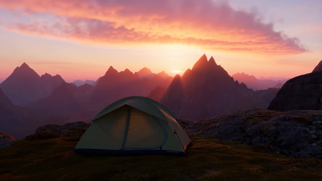Tent Camping in the Mountains at Sunset