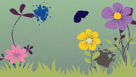 Animation-Von-Blumen-über-Fleck-Auf-Grünem-Hintergrund