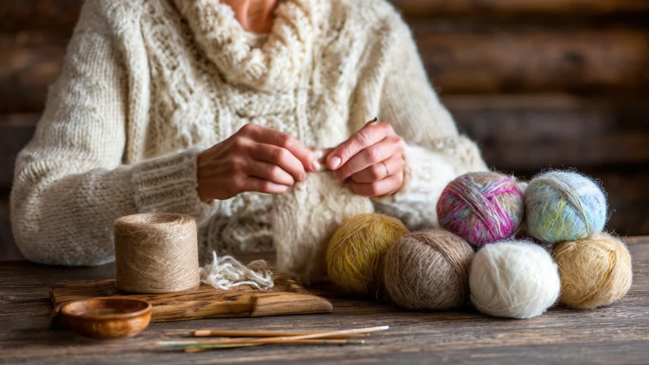 Crafting with Love: A Detailed Look at Hand-Knitting Techniques and the Beautiful Yarn Palette in a Cozy Setting, Perfect for Any Knitting Enthusiast
