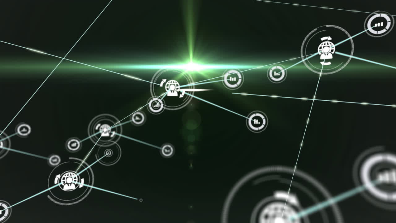 Animation of light beam passing through profile icons connecting dots on digital interface