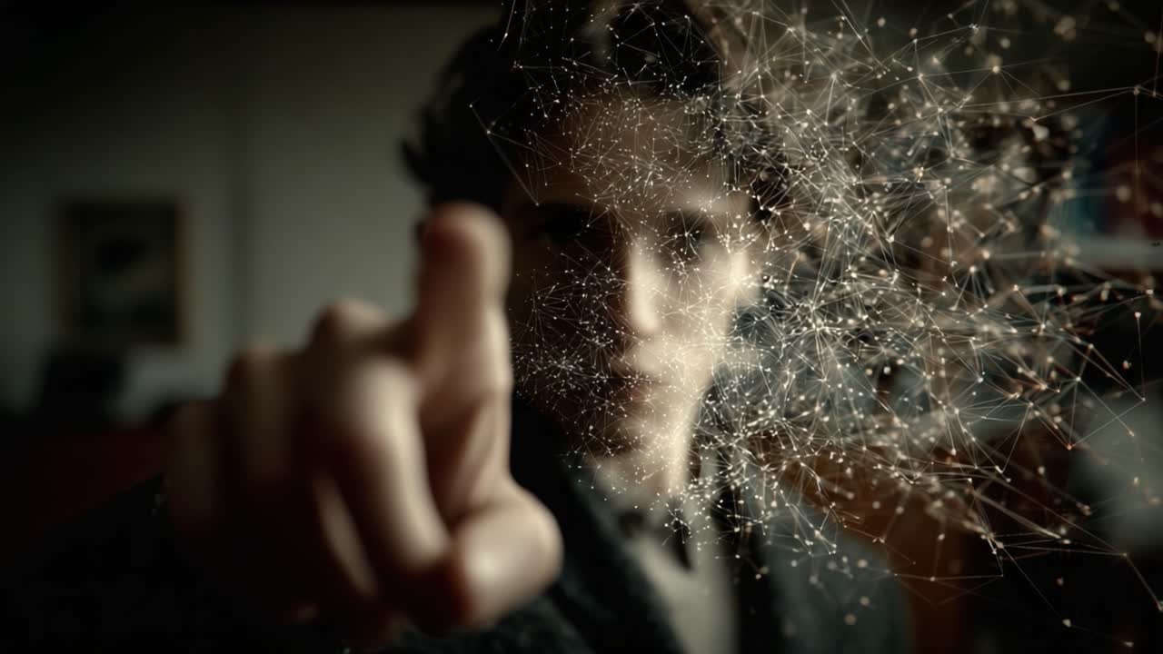 Una trasformazione mistica: L'individuo concentrato indica in avanti, scatenando una rete di connessioni scintillanti, fondendo realtà e immaginazione in un dialogo di innovazione.