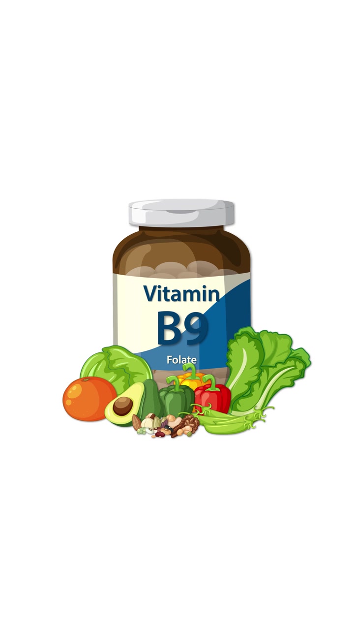 Flacone di integratore di folato (vitamina B9) con verdure che lo circondano, sfondo bianco pulito, transizioni fluide.