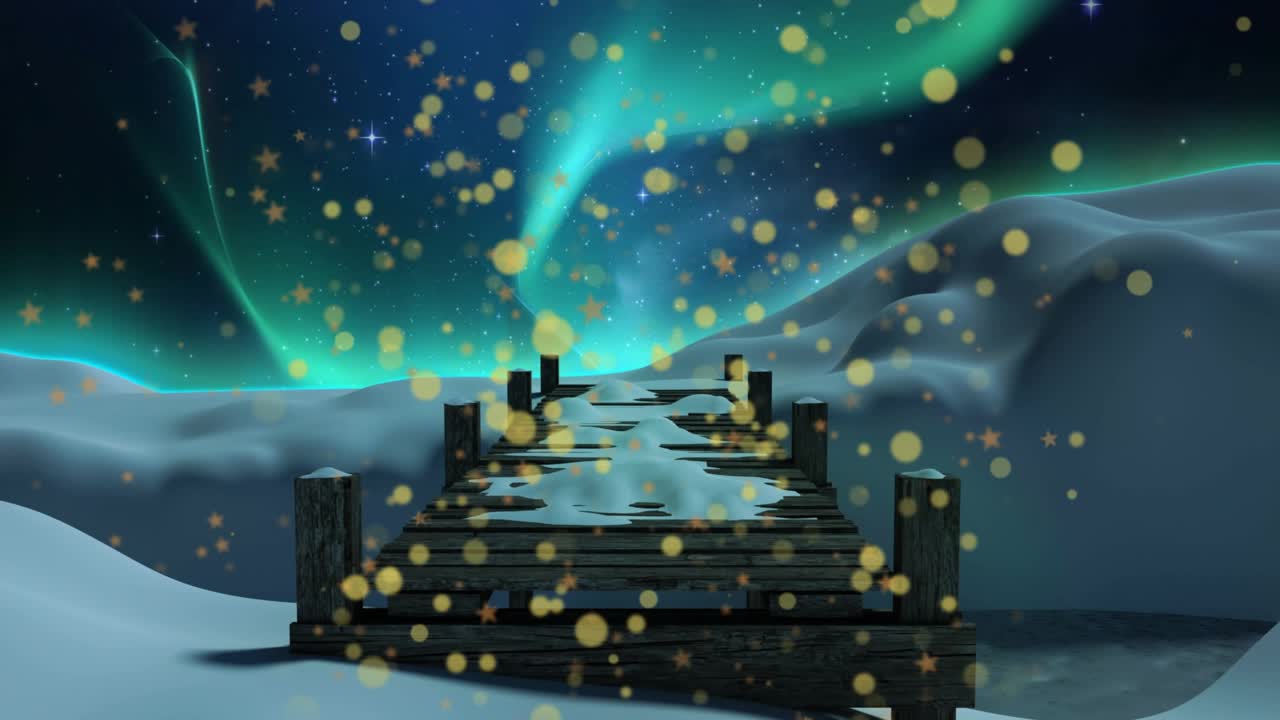 Golden dots appearing atop view drifting onto wooden dock with aurora pulsing evoking icy ambiance