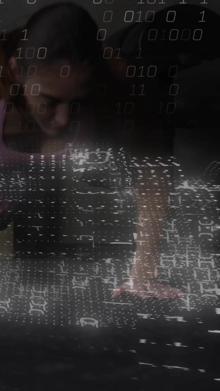 Binary overlay starting low-angle view, woman bending placing hands lowering into plank for fitness