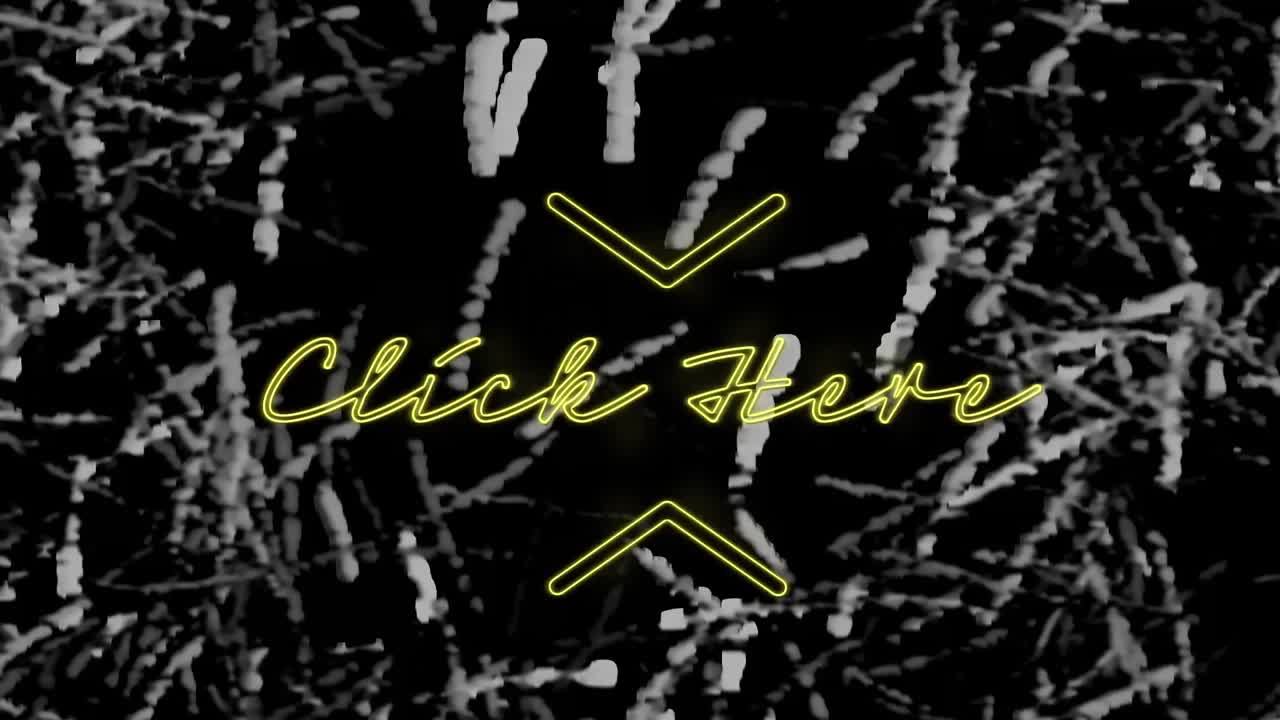 노란색 네온 텍스트의 애니메이션, 여기를 클릭하십시오, 단색 잔디 배경