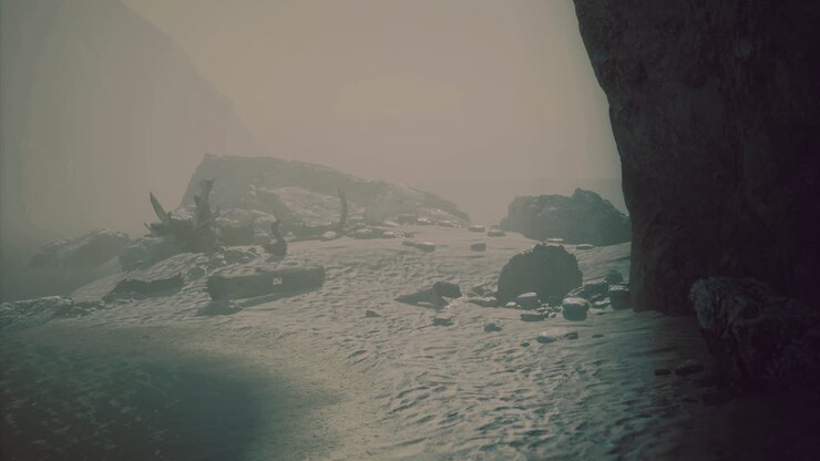 Misty shoreline with rocks and a serene atmosphere at dawn