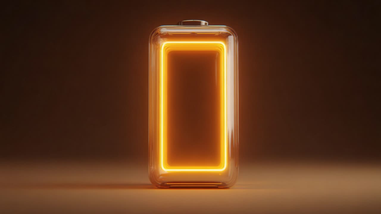 Futuristic glass battery with a glowing orange neon indicator rotating on a reflective surface, representing concepts of energy, power, charging, and modern technology in a 3D animation