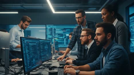 a collaborative team in a high-tech environment analyzing data and cybersecurity threats on multiple monitors, representing modern workplace dynamics and technology advancements