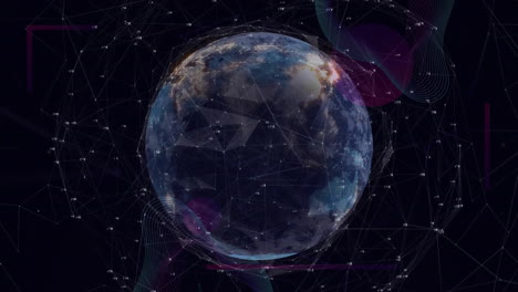 animation of network of connections with data processing over globe on black background