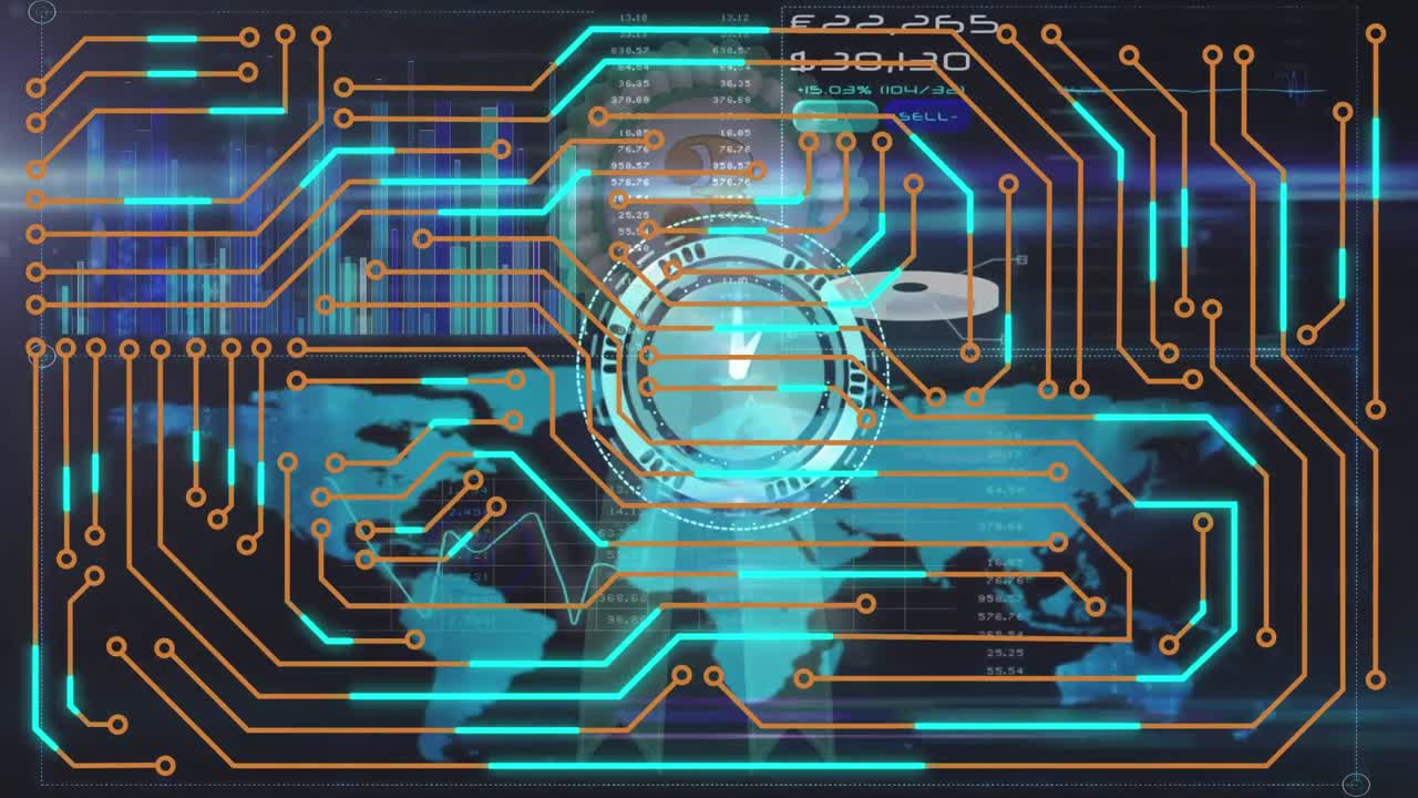 블랙 배경에 있는 집적 회로 위의 시계와 세계 지도의 애니메이션