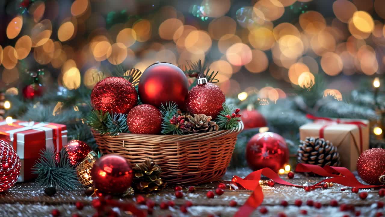 A basket of red Christmas ornaments sits on a table. The basket is filled with red balls, pine cones, and other decorations. The scene is festive and joyful, with the red ornaments