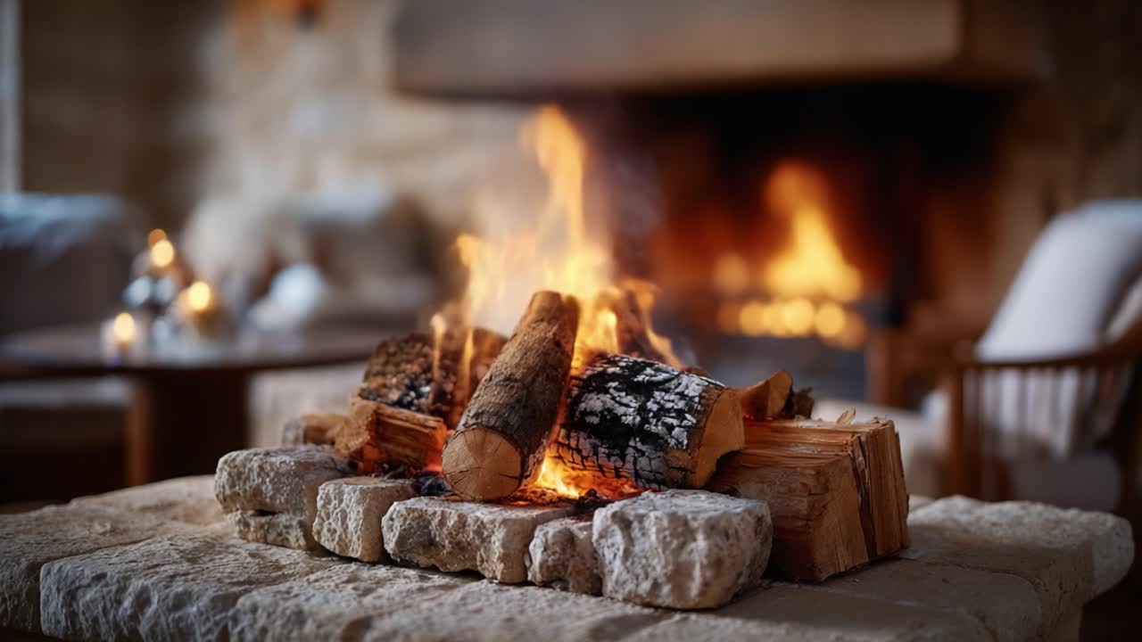 Cozy Fireplace Emitting Warmth: A Captivating View of Crackling Firewood and Glowing Flames in a Comfortable Living Space