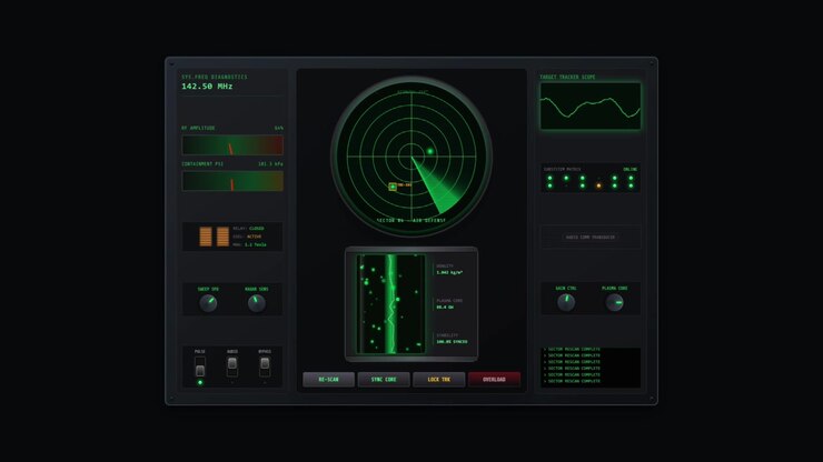 Futuristic Digital Radar Control Panel Interface with Green Indicators