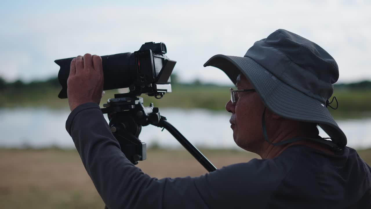 Man taking a photo with a camera and tripod