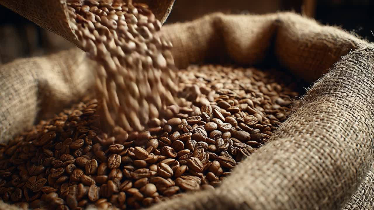 Primo piano di chicchi di caffè tostati versati da un sacco di iuta in un rustico sacco di tela, che cattura le ricche texture e l'essenza aromatica del caffè appena raccolto