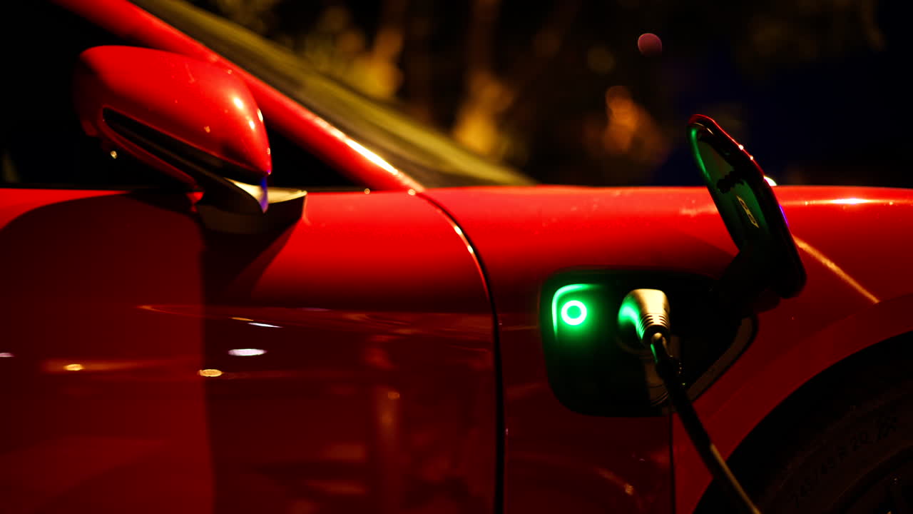 Red, electric car charging on the street at night