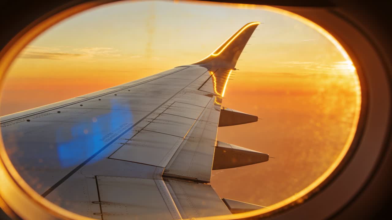 Telecamera che inquadra l'ala di un aereo dal sedile, mentre il sole si avvicina al bordo del finestrino, illuminando l'aletta con un riflesso blu.
