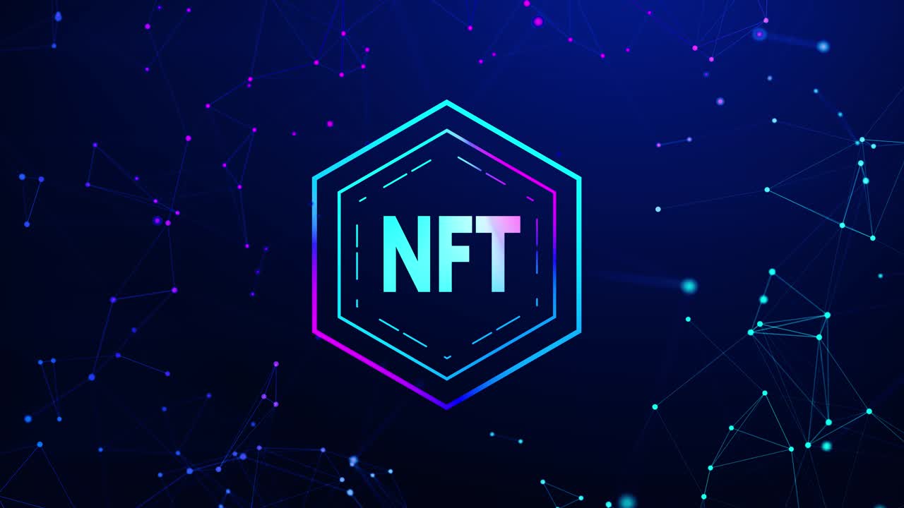 NFT ikke-fungibelt token animation med røde og blå glødende lys på mørkeblå baggrund. NFT digital baggrund kryptovaluta.