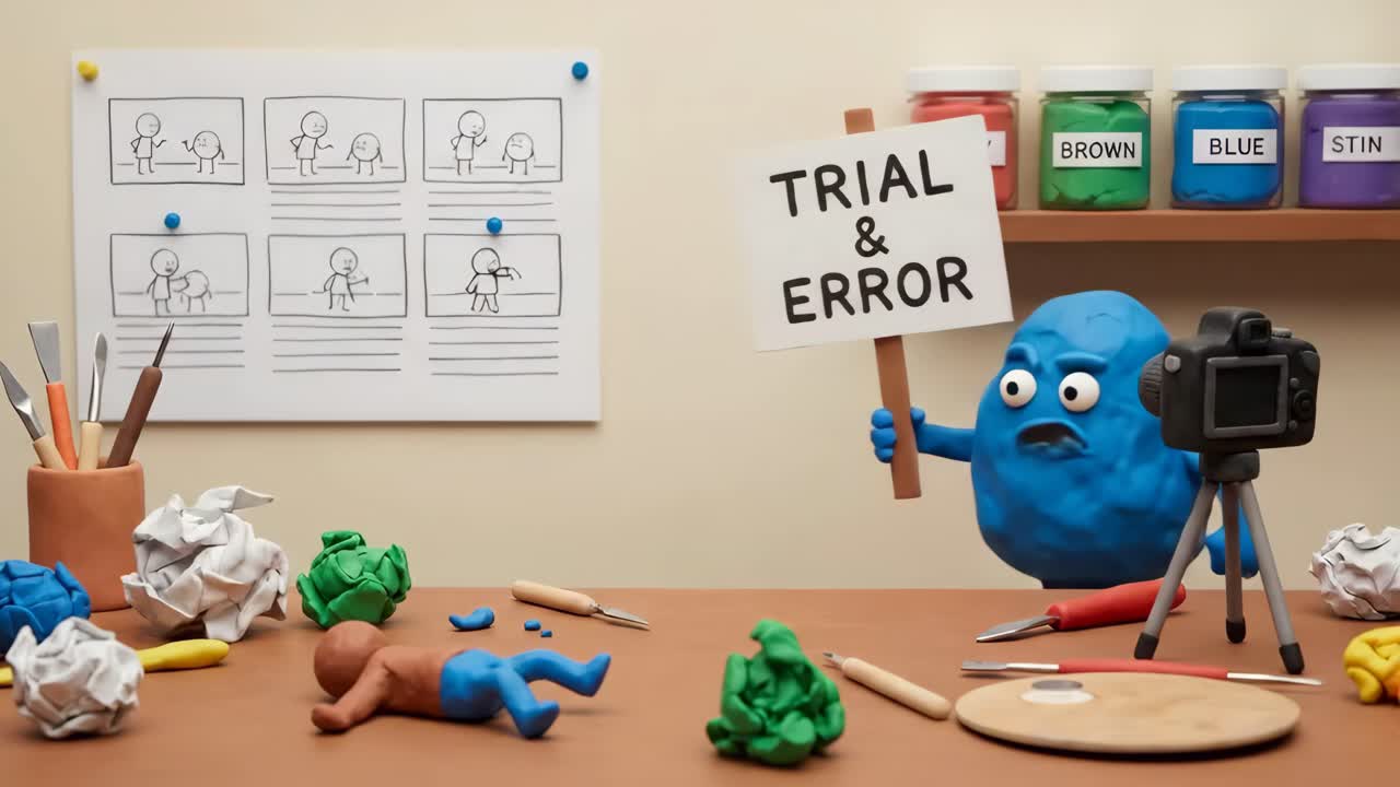 Blue Clay Character Holding Trial and Error Sign in Stop Motion Studio