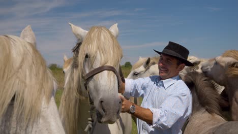 Apuesto-Vaquero-Preparando-Los-Caballos-Con-Una-Banda-De-Potros