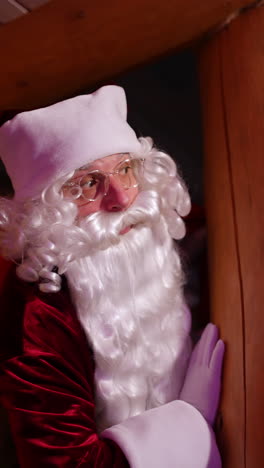 santa claus hiding in a wooden house. authentic santa with white beard and red costume with a sack with presents looking out of wooden pillar. vertical video