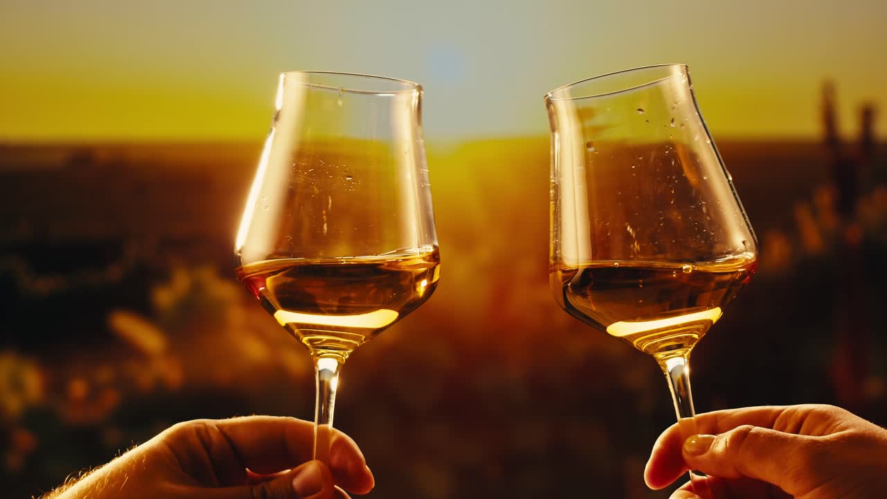 Orange or white wine bottle and glass against a sunset in a peaceful vineyard, pouring of ecological natural wine.