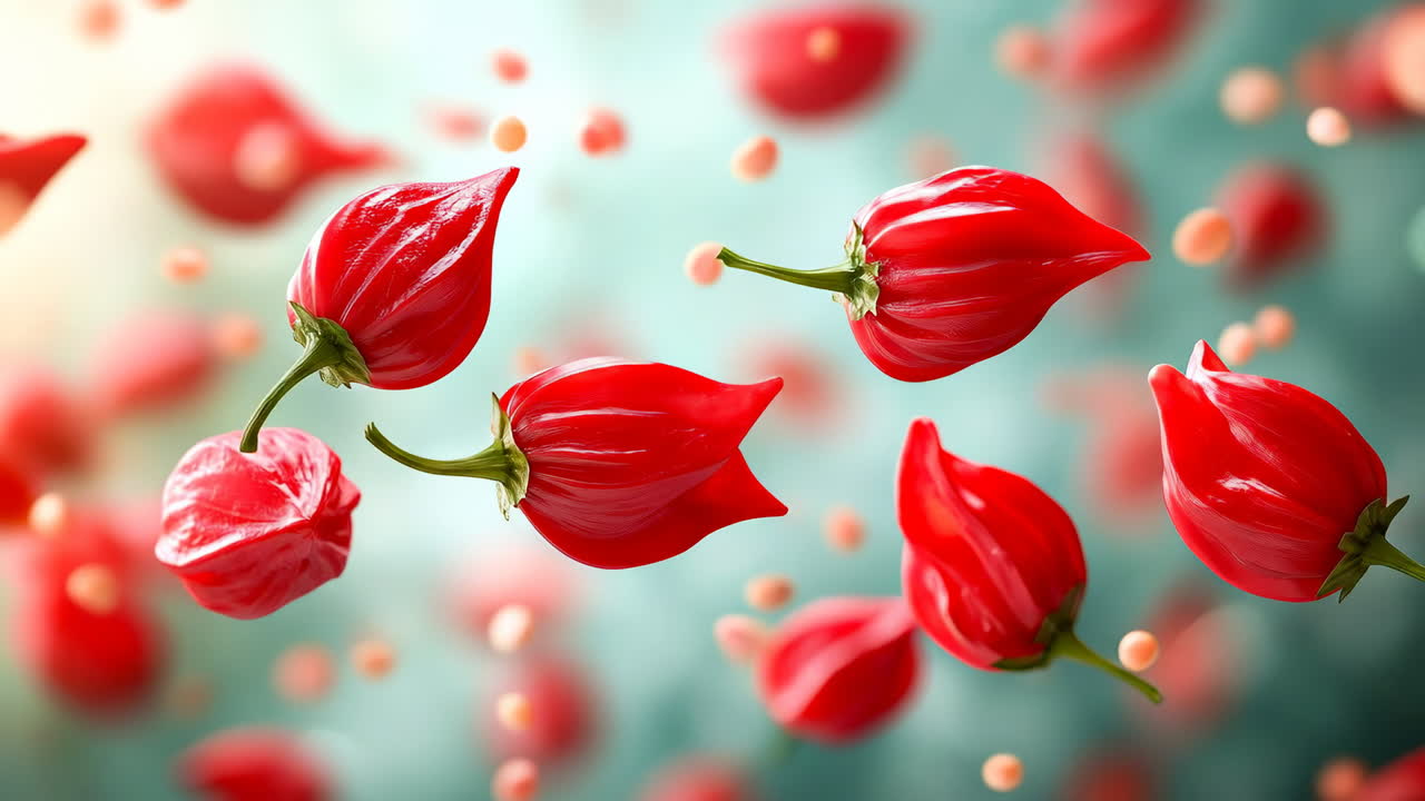 Red chili peppers in motion. Red chili peppers float in the air with seeds around. The colorful composition creates a spicy and energetic look