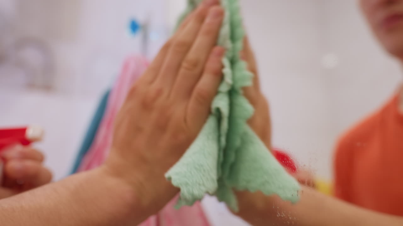 Close up of hand wiping bathroom mirror with green cleaning cloth, removing spray marks and water streaks, focusing on cleanliness, hygiene, household care and daily routine chores