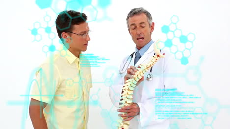 doctor explaining spine model to patient, medical data animation over them