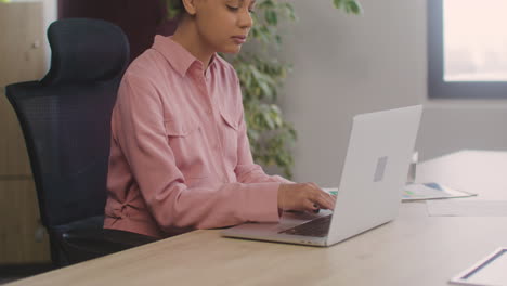 smiling pregnant woman working in the office and caressing her belly 1