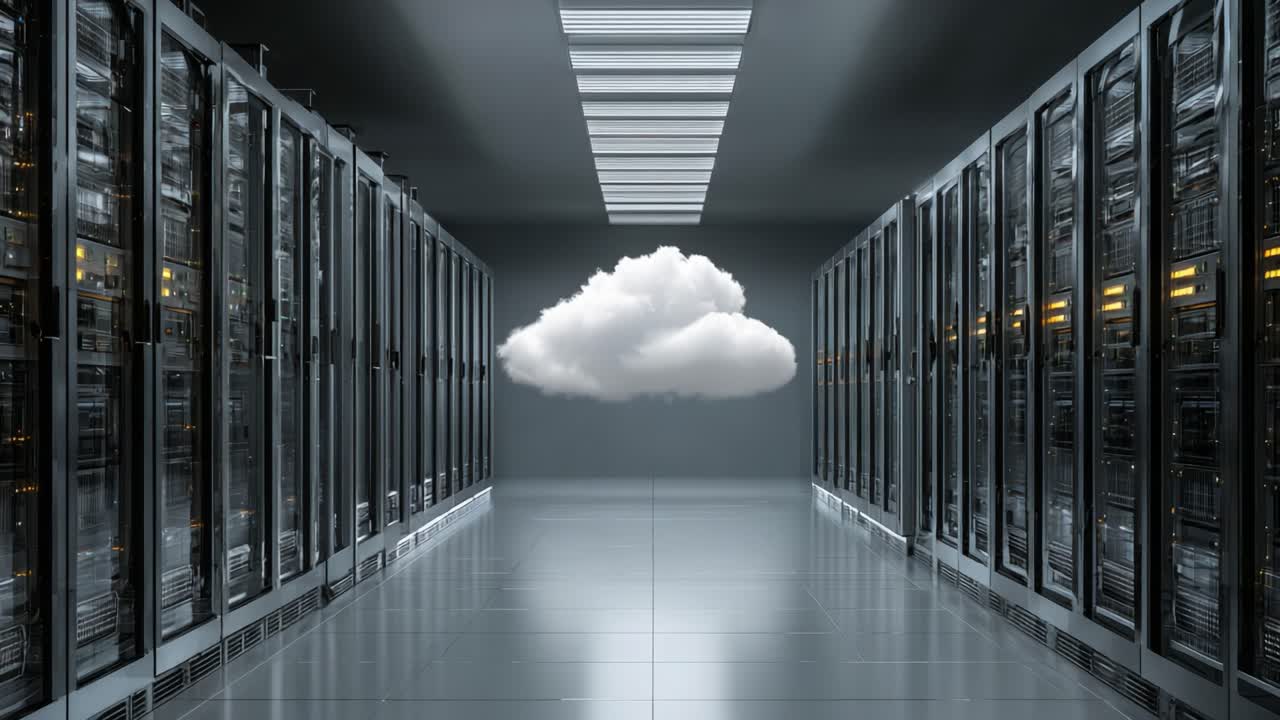 A Modern Data Center Featuring Cloud Technology Visualization in a High-Tech Server Environment, Illustrating the Intersection of Physical Storage and Cloud Services in Computing