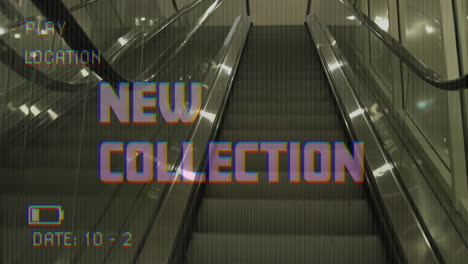 animation of new collection text on video camera screen with digital interface and escalator