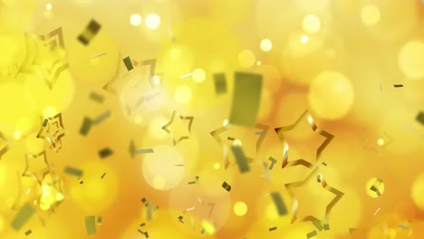 Animation-of-gold-christmas-stars-and-confetti-over-defocussed-yellow-lights