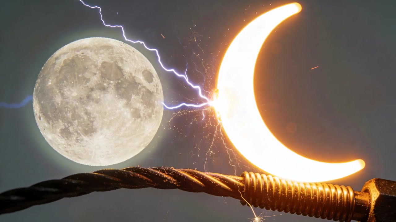 Eletrodo em forma de crescente faiscando após pulso de voltagem, enviando arcos à noite com lua, cabo e parafuso.