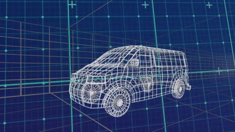 Animation-of-data-processing-and-shapes-over-digital-car-on-blue-background