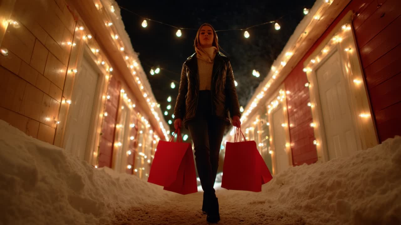 A stylish individual strolls through a festive winter pathway adorned with glowing string lights and snow, carrying vibrant red shopping bags in a cosy holiday atmosphere, capturing the spirit of winter celebrations