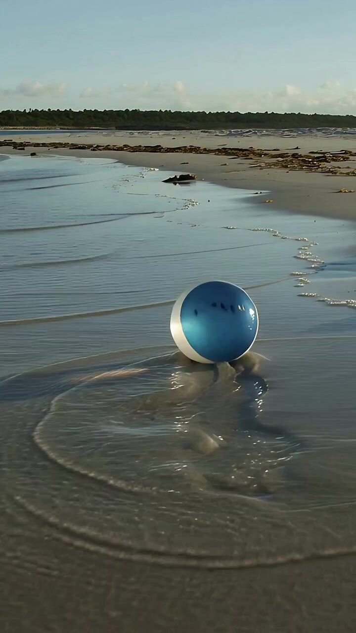 Vertical video: Rolling beach ball with blue band being nudged along wet shiny sand by small waves